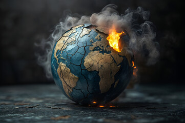 The planet with cracks and smoke is an allegory of political conflicts and global instability.