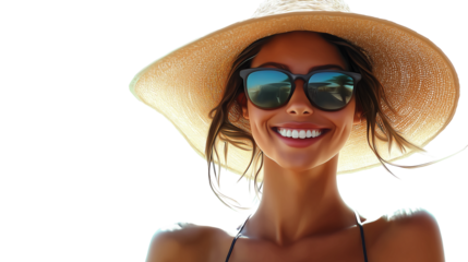 Portrait of a smiling woman wearing a sunhat and sunglasses, beachwear, upper body only, white background, PNG format, high-resolution, hyper-detailed