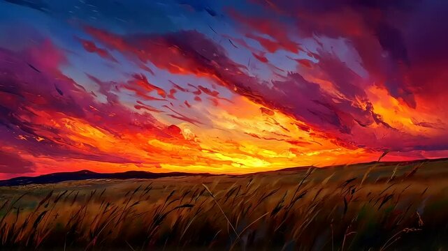 Vibrant sunset over golden grassland with clouds