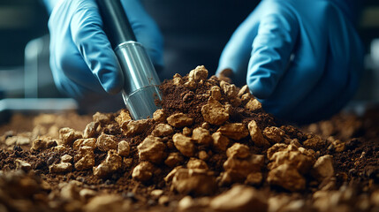 Scientist analyzing soil with shiny high tech tools symbolizes environmental research precision innovation and sustainability efforts to understand and protect Earth's natural resources

