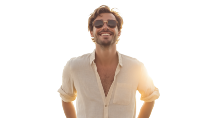 Portrait of cheerful man in linen shirt and sunglasses, standing in sun, upper body, no hands, white background, PNG