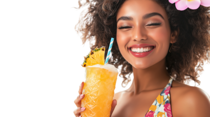 Happy woman in beach kimono holding pineapple drink, white background, do struka, PNG
