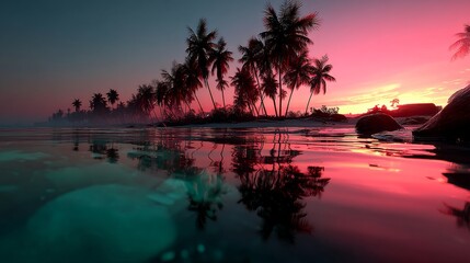 Stunning Puerto Rico coastline view featuring lush palms under a vibrant neon-pink sunset