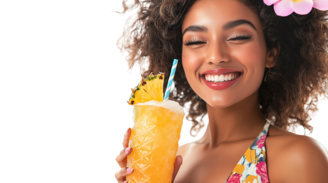 Happy woman in beach kimono holding pineapple drink, white background, do struka, PNG