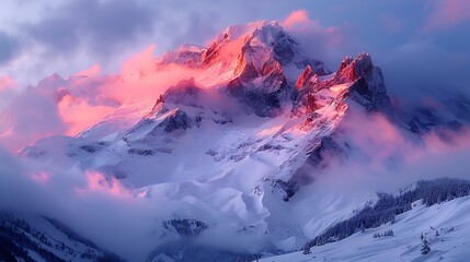 **Sunset Light Hitting Snowy Mountain Peaks, Glowing Pink And Amber, With Soft Clouds Wrapping The Ridges, Peaceful And Powerful Alpine Scene --Ar 16:9 --S 990 --V 6.0 --Style Raw** - @Darya (Relaxed)
