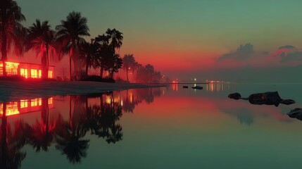 Vibrant retro Miami scene with palm trees glowing at dusk and neon reflections