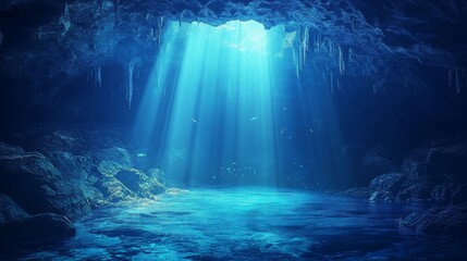 Obraz premium Underwater cave with sunlight beams shining through the water to the rocks