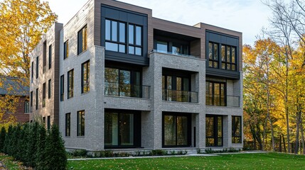 Fototapeta premium A new condominium building with large windows and high-end exterior finishes, ready for sale.