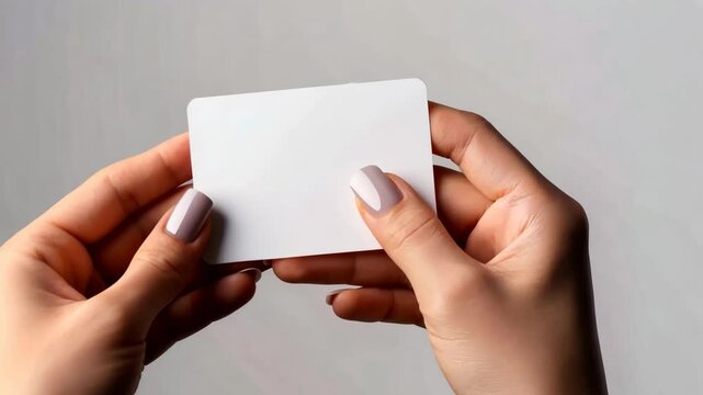 Woman's hands with manicure holding white blank card, mockup for any advertising