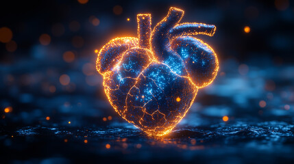 Digital heart creation highlighted with glowing elements on a dark background representing artificial intelligence heart, digital, art, glowing, artificial, intelligence, blue, background, 