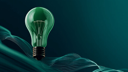 Green glass lightbulb on teal background with abstract lines, showcasing innovation, ideas, and creativity, suitable for technology or energy concepts