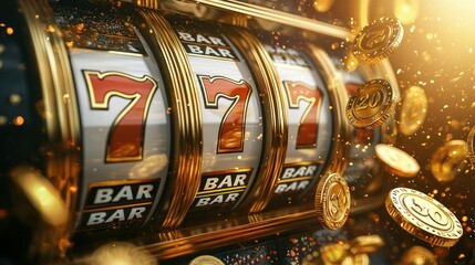 Close-up view of a colorful slot machine with spinning reels and coins flying