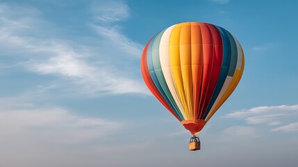 Fototapeta premium Colorful hot air balloon soaring through a clear blue sky over scenic landscape at sunset