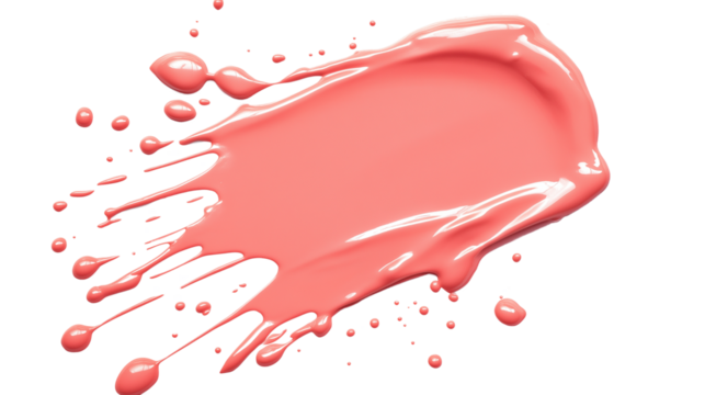 Neon nail polish spill in coral pink, isolated top view, PNG 