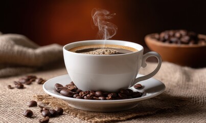 Obraz premium Steaming coffee cup on burlap, coffee beans around it for a breakfast ad