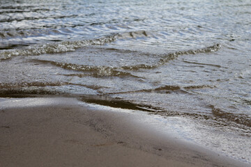 Clear water of the Sozh River gently touching the sandy shoreline, creating a calm natural scene.