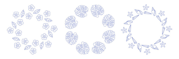 Sea shell doodle frame for decoration on summer holiday season and marine life concept. outline illustration of sea conch and starfish. Hand drawn graphic clipart of shell. 