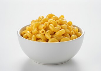 Bowl of macaroni and cheese on white background