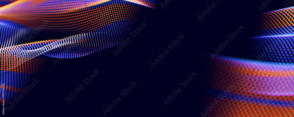 Poster abstract wave of particles. big data digital flow concept. llm learning process, ai technology. quan