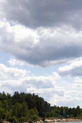 A forest landscape near the Sozh River with visible rest areas in the distance under a blue sky with fluffy clouds.