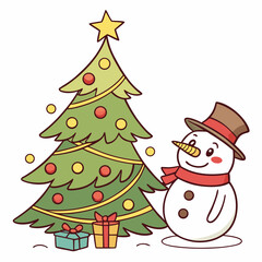 Cute Cartoon Snowman with Christmas Tree and Presents – Holiday Illustration.