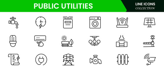Public utilities icon collection set. power, gas, and water. Signed thin line icons collection. Vector illustration web line icon collection