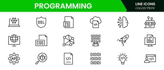 Programming and coding icon set. Software development icon collection. Contains such Icons as code, api, programmer, developer, information technology, coder and more