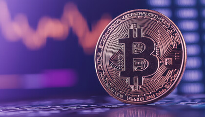Bitcoin coin stands prominently against backdrop of financial data, symbolizing digital currency