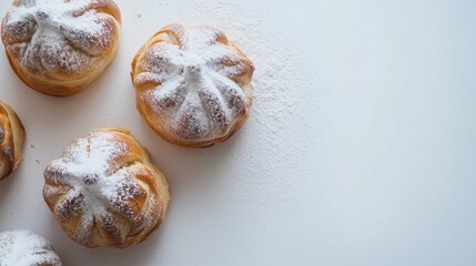 Pumpkin-shaped sweet rolls dusted with powdered sugar on white background