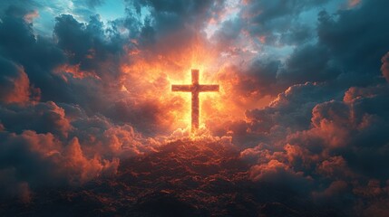 Fototapeta premium Bright cross illuminated by a radiant glow against a dramatic sky filled with clouds during sunset