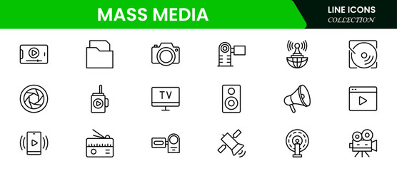Mass media and journalism. TV show, program, news, report, video and interview. Outline icon collection.