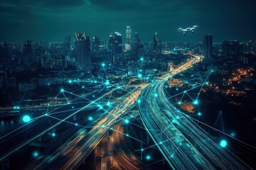 Fototapeta premium Urban landscape at night illuminated by technology with drone flying over interconnected city streets