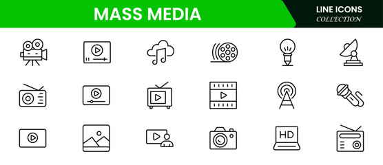 Mass media and journalism. TV show, program, news, report, video, and interview. Outline icon collection. Vector illustration web line icon collection