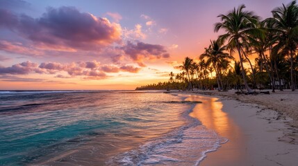 Tropical beach sunset with palm trees for vacations and relaxing background
