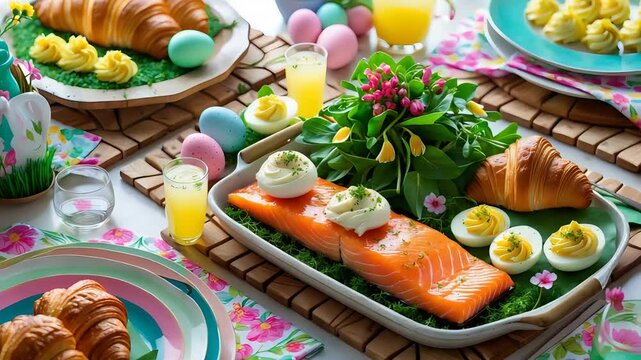 Delicious Easter Brunch with Salmon, Croissants, Deviled Eggs, and Fresh Fruit on a Beautiful Table Setting

