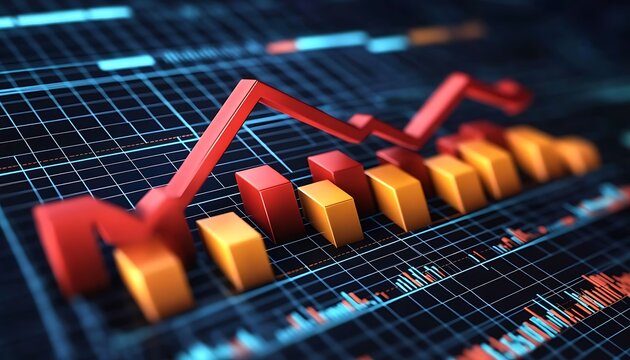 Financial Market Chart Red Line Graph with 3D Columns on Grid Graph Background - Powered by Adobe
