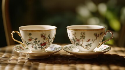 Elegant floral antique china teacups with gold trim and soft light