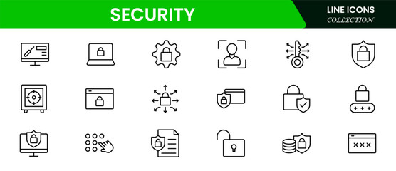 Security web icons in line style. Guard, cyber security, password, smart home, safety, data protection, key, shield, lock, unlock, eye access. Vector illustration.