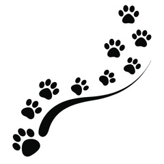A winding trail of black paw prints marches diagonally across a clean white surface.