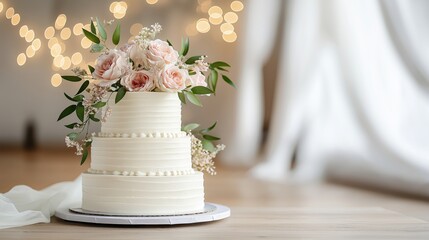 Elegant tiered wedding cake decorated with fresh roses and greenery