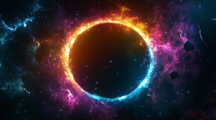 Obraz premium Fiery cosmic ring with nebula and stars.