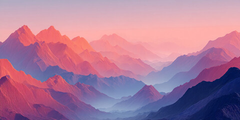 Layered mountains at sunset, showcasing a gradient of pink, purple, and blue hues.  The image evokes serenity and a sense of vastness, ideal for peaceful or inspirational themes