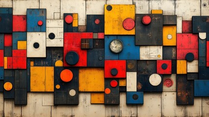 Fototapeta premium Vibrant geometric shapes in various colors create a striking visual impact against wood