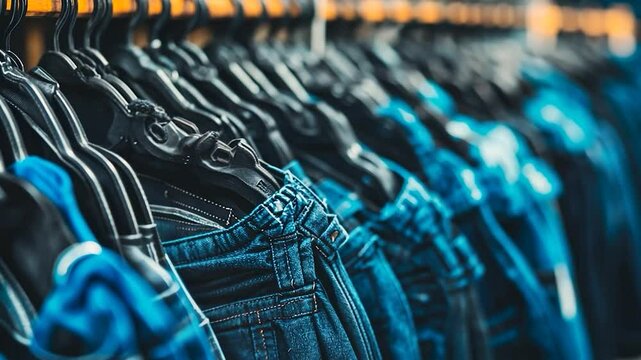 Row of denim jeans on hangers in a store