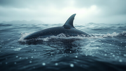 Incredible sight of a shark fin breaking the surface of the ocean under a cloudy sky  shark, fin, ocean, water, waves, marine, life, cloudy, sky, sea, nature, aquatic, 