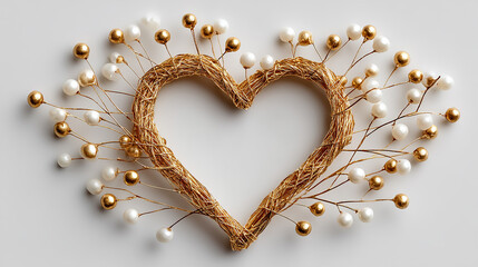 Delicate Border of Interwoven Golden Threads Forming Heart with Tiny Pearls on Clean Ivory Background, Space for Text in the Center

