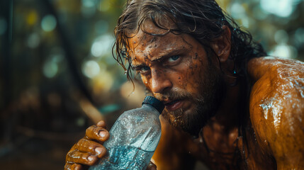 Struggling adventurer finds water in dense jungle during survival challenge  survival, adventure, jungle, nature, water, forest, challenge, struggle