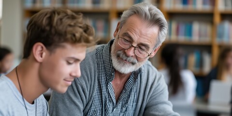 An elder gentleman is seen mentoring a young student in a library setting, demonstrating the importance of guidance, learning, and intergenerational connections in education.