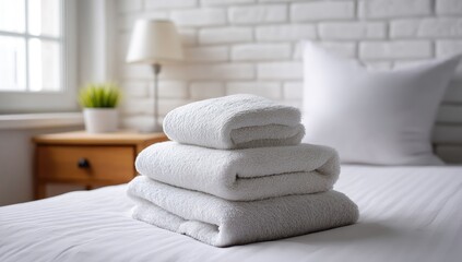 Stacked white towels on bed, in light interior room, for hotel or home use
