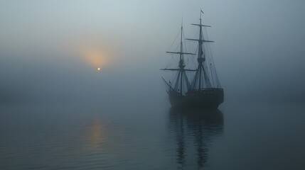 A pirate ship anchored in a misty sea at dawn